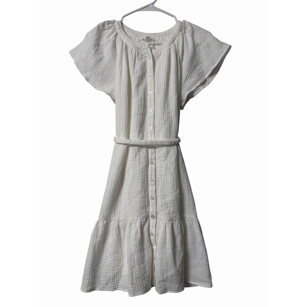 Blu Pepper White Gauze Button Front Tie Waist Flutter Sleeve Midi Dress Size M